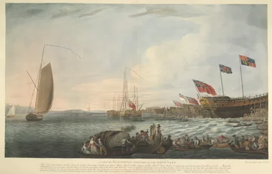 A View of Blackwall, med en del av varvet, vid lanseringen av Bombay Castle, 74 kanoner, byggda på bekostnad av Hon. Ostindiska kompaniet och presenterades av dem till Hans Majestät i juni 1782