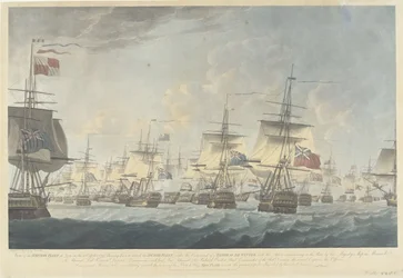 Slaget vid Kamperduin (1797): attack av den brittiska flottan Utsikt över den brittiska flottan kl. 12.00 den 11 oktober 1797, Bärande för att attackera den holländska flottan (...) (titel på objektet)