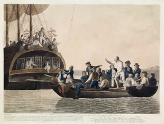 Myteristerna som vänder sig till löjtnant Bligh och en del av officerarna och besättningen Adrift, 29 april 1789, pub. 1790