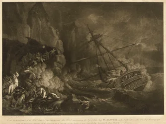 Förlusten av Ostindiska kompaniets fartyg "Halsewell" natten mellan den 5 och 6 januari 1786, ca 1786 (akvatint, etsning)