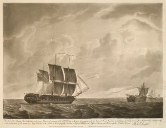 Denna vy av Hans Majestäts skepp EUROTAS, under jurymaster, på morgonen den 26 februari 1814. på väg att möta den kejserliga franska fregatten LA CLORINDE, som hade gått av på kvällen dessförinnan; på grund av omständigheten att