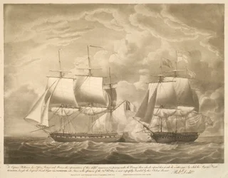 Till kapten Phillimore, hans officerare, sjömän och marinsoldater, denna framställning av deras skickliga manöver (att passera under fiendens akter när han förväntade sig att de skulle ta vädermätaren) genom vilken hans majestäts fregatt EUROTAS, förde den