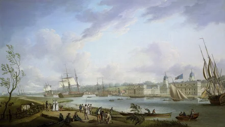 Vy över Greenwich, beskrivning av Themsen och aktiviteter på dess stränder, samt av flodnavigering, med hänsyn till tidvattnets betydelse. Olja på duk