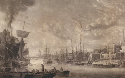 Vy mot London Bridge från en båt förtöjd nära Tower of London, 1793