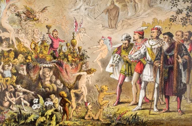 Alonso talar i Stormen, akt III, scen III, "Heavens, what were these", ur "The Illustrated Library Shakespeare", utgiven i London 1890 (färglitografi)