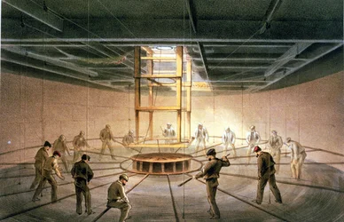 Kabel som går ut ur en av tankarna ombord på Great Eastern, från "The Atlantic Telegraph" av William Howard Russell, publicerad 1866 (färglitografi) (se även 192775-789)