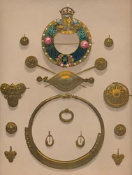 Guldprydnader och brosch, 1863.