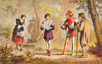Rosalind talar i Som ni vill ha det, akt III, scen II, "Fred! Här kommer min syster", ur "The Illustrated Library Shakespeare", utgiven i London 1890 (färglitografi)
