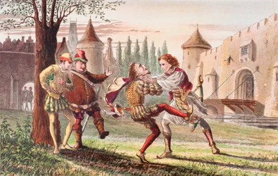 Sebastian säger i Trettondagsafton, akt IV, scen I: "Varför! Där är det för dig! Och där! Och där!", ur "The Illustrated Library Shakespeare", utgiven i London 1890 (färglitografi)