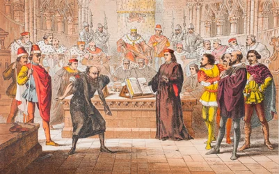Shylock talar i Köpmannen i Venedig, akt IV, scen I, "Is that the law", ur "The Illustrated Library Shakespeare", utgiven i London 1890 (färglitografi)