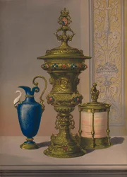 Förgylld och smyckad vas i silver, porslinsvas, cigarrkista, 1863