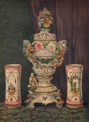 Vas av Dresden-porslin och ett par porslinsbägare, 1863.