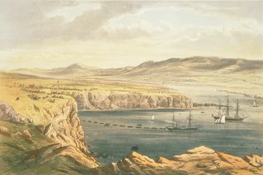 Vy över Port Magee, Valentia, från Cora Begs höjder, HMS Caroline lägger ut landkabeln, 22 juli