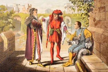 Warwick talar i kung Henrik VI, akt II, scen II, "Be we the first that shall salute our rightful sovereign", ur "The Illustrated Library Shakespeare", utgiven i London 1890 (färglitografi)