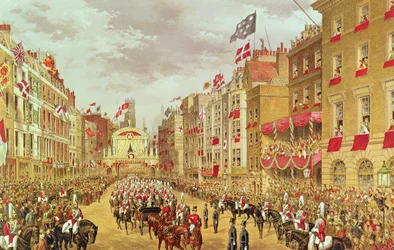 Edward, prins av Wales och prinsessan Alexandras bröllopsprocession kör genom staden vid Temple Bar, 7 mars 1863, illustration från "Memorial of the Marriage of Albert Edward, Prince of Wales" av Russell (chromolitho)