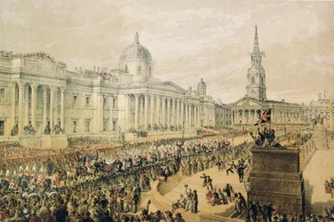 Edward prins av Wales och prinsessan Alexandras bröllopsprocession på Trafalgar Square