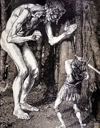 Riddaren och jätten. Illustration av Robert Engels (1856 - 1936). Tysk gravyr. (Dusseldorf)