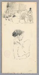 Teckning, Scen med åsna och två figurer; kvinna med solfjäder, 1882