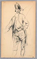 Teckning, stående mansfigur i sjuttonhundratalsdräkt, 1876-77