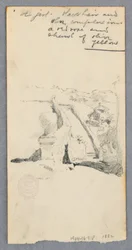 Teckning, Vy från en hög plats med utsikt över staden (recto); kvinna med kruka (verso), 1882