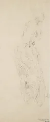 Skiss av kvinna i blommig klänning, möjligen för Moods to Music väggmålning, 1893-98 (grafit & gul penna på buffvävt papper)