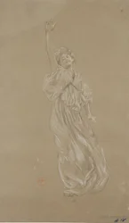 Studie av stående draperad kvinnofigur, för väggmålningen Moods to Music (svartvit krita på papper)