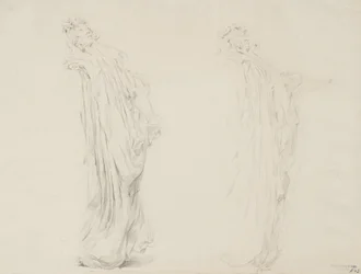 Studie av två kvinnofigurer för väggmålningen Moods to Music, 1893-95 (grafit med gul penna på krämvävt papper)