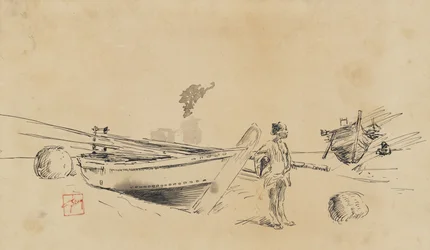 Två japanska fiskebåtar på stranden, 1867-1903