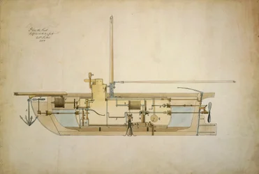 Originalritning av Nautilus, den första undervattensbåten, presenterad av uppfinnaren Robert Fulton (1765-1815) för den amerikanska senaten 1806.