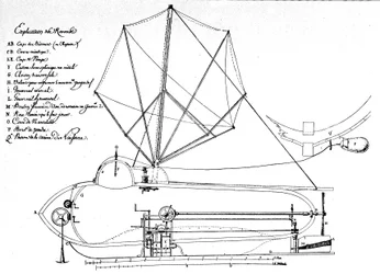 Schema över Nautilus, den första undervattensbåten, uppfunnen av amerikanen Robert Fulton (1765-1815). Detta är ritningen som han lade fram för den verkställande styrelsen 1797
