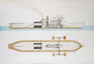 Ångbåt designad av Robert Fulton, akvarell, USA