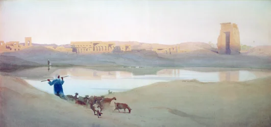 Den heliga sjön, Karnak", ca 1900. Akvarell. Robert Talbot-Kelly (1861-1934) engelsk orientalistisk landskapsmålare. Egypten Landskap Vatten Ruiner Getter