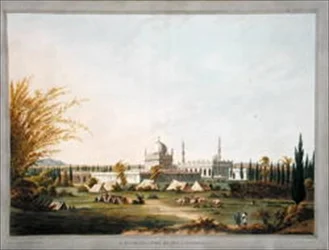 Hyder Ali Khans mausoleum i Laulbaug, illustration från "Twelve Views of Mysore, Tippoo Sultans land" färgad och graverad av J.W. Edy, publicerad 1804 (färgad akvatint)