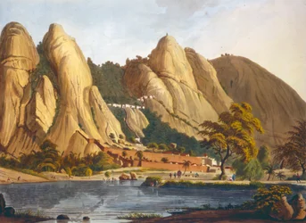 Södervy av Sewandroog, illustration från Twelve Views of Mysore, Tippoo Sultanens land graverad och färglagd av J.W. Edy, publicerad 1804 (färgad akvatint)
