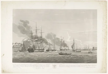 Avgång av tolv holländska handelsfartyg från Portsmouth Harbour, 1833 (skylt 2) Denna uppsättning med tre skyltar som visar avgången från Portsmouths hamn den 2 juni 1833 av 12 Nederlandsche Koopvaardy-fartyg från Embargo lossnade