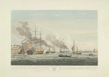 Avgång av tolv holländska handelsfartyg från Portsmouth Harbour, 1833 (skylt 2) Denna uppsättning med tre skyltar som visar avgången från Portsmouths hamn den 2 juni 1833 av 12 Nederlandsche Koopvaardy-fartyg från Embargo lossnade