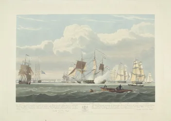 Avgång av tolv holländska handelsfartyg från Portsmouths hamn, 1833 (skylt 3) Denna uppsättning av tre skyltar som visar avgången från Portsmouths hamn den 2 juni 1833 av 12 Nederlandsche Koopvaardy-skepp från Embargo.