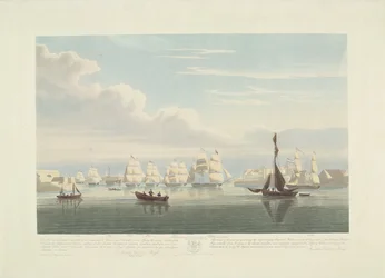 Avgång av tolv holländska handelsfartyg från Portsmouths hamn, 1833 (skylt 1) Denna uppsättning av tre skyltar som visar avgången från Portsmouths hamn den 2 juni 1833 av 12 Nederlandsche Koopvaardy-skepp från Embargo.