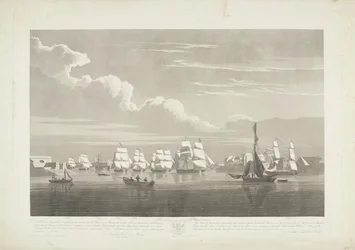 Avgång av tolv holländska handelsfartyg från hamnen i Portsmouth, 1833 (skylt 1) Denna uppsättning av tre skyltar som visar avgången från Portsmouths hamn den 2 juni 1833 av 12 Nederlandsche Koopvaardy-skepp från Embargo.