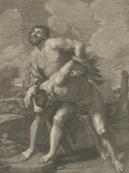 Hercules bär ett lejonskinn och slåss mot Achelous, ett landskap i bakgrunden, ..., ca. 1713-72.