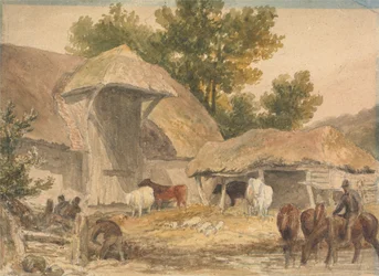 Gård med hästar som väntar