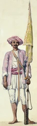 Indisk soldat (raketman) från Tipu Sultans armé, använder sin raket som flaggstång, Madras