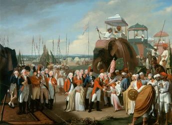 Generallöjtnant Lord Cornwallis (1738-1805) tar emot de mysorianska gisslanprinsarna, ca 1793.