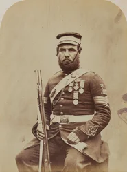 Färgsergeant J. Stanton, Royal Sappers and Miners, 1856 (sepiafoto)