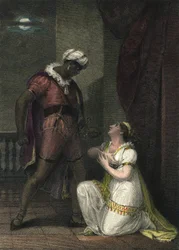 Othello och Desdemona i Venedig. Illustration för "" Othello" av William Shakespeare. Akt 4 scen 2.Engelsk gravyr från 1801 av R.K Porter.