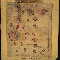 Konturerna av unionens fort på södra sidan av Potomac, 1862 (karta). LOC gvhs01.vhs00242