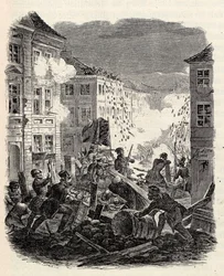Barrikadstrider vid Cölln Townhall i Berlin natten mellan den 18 och 19 mars 1848.