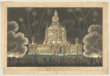 En vy av Temple of Concord uppfört i Green Park, för att fira G..., 9 september 1814.