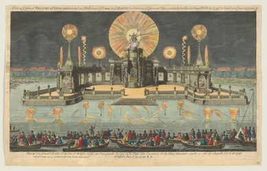 A View of ye Grand Theatre & Fireworks rested on the Water near ye Court at Haag on O..., 1794.