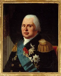 Porträtt av Ludvig XVIII (1755-1824), kung av Frankrike, i militäruniform med Hederslegionen och den Helige Andes Orden. Målning av Robert Lefebvre (1755-1830) 1814 Sön. 0,73x0,6 m Paris, musée Carnavalet - Porträtt av Ludvig XVIII